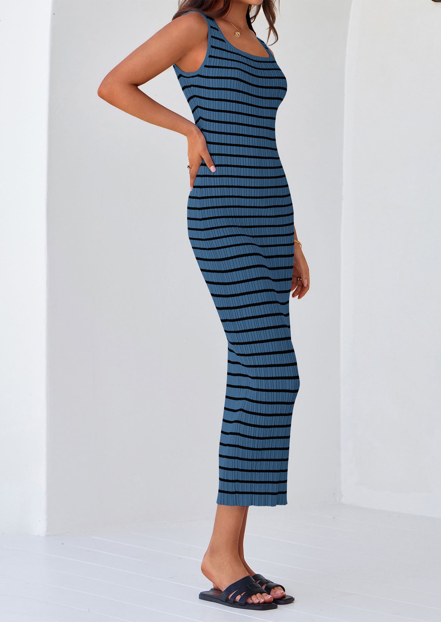 Womens Summer Tank Dress Casual Sleeveless Striped Ribbed Knit Long Dresses Beach Vacation Sundress