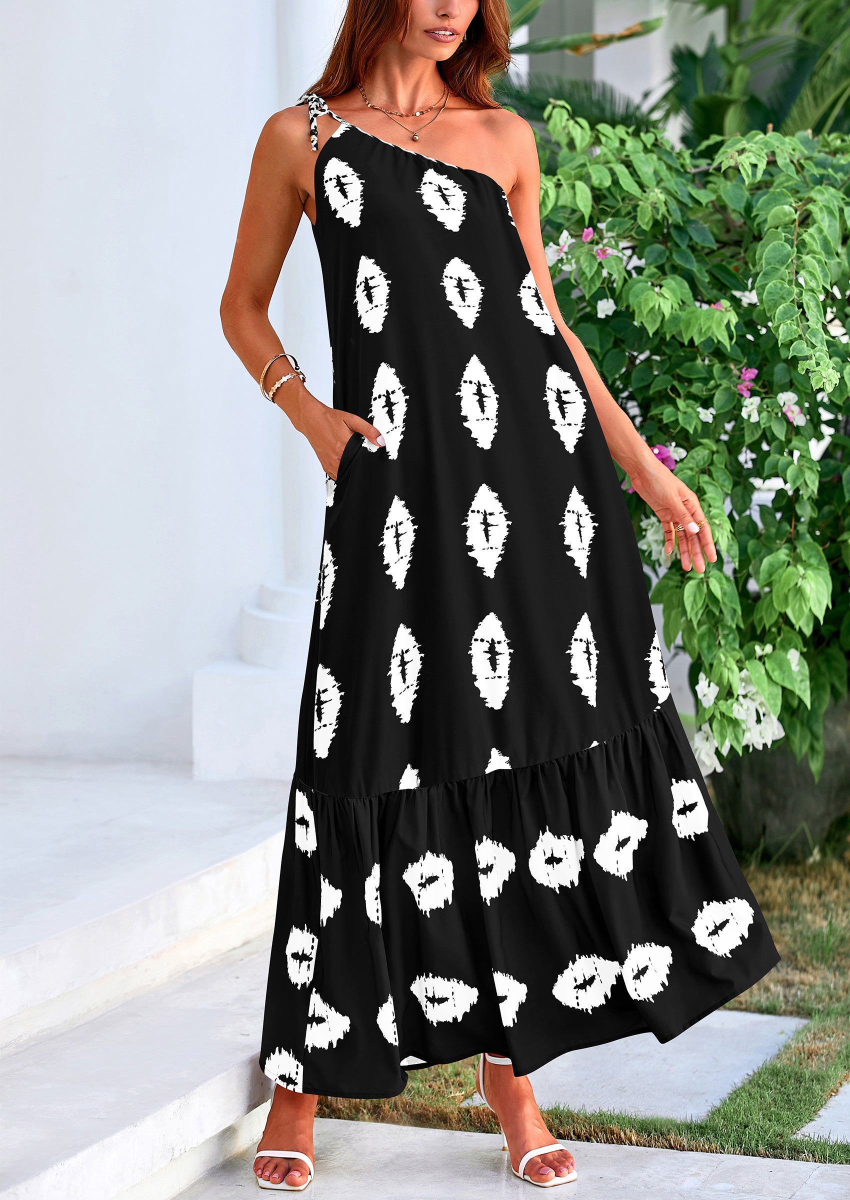 PRETTYGARDEN Women's Summer Maxi Dresses One Shoulder Printed Flowy Boho Beach Vacation Long Sundress