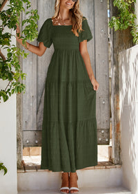 PRETTYGARDEN Womens Summer Puff Short Sleeve Maxi Dress Square Neck Smocked Tiered Ruffle A Line Long Flowy Beach Dresses