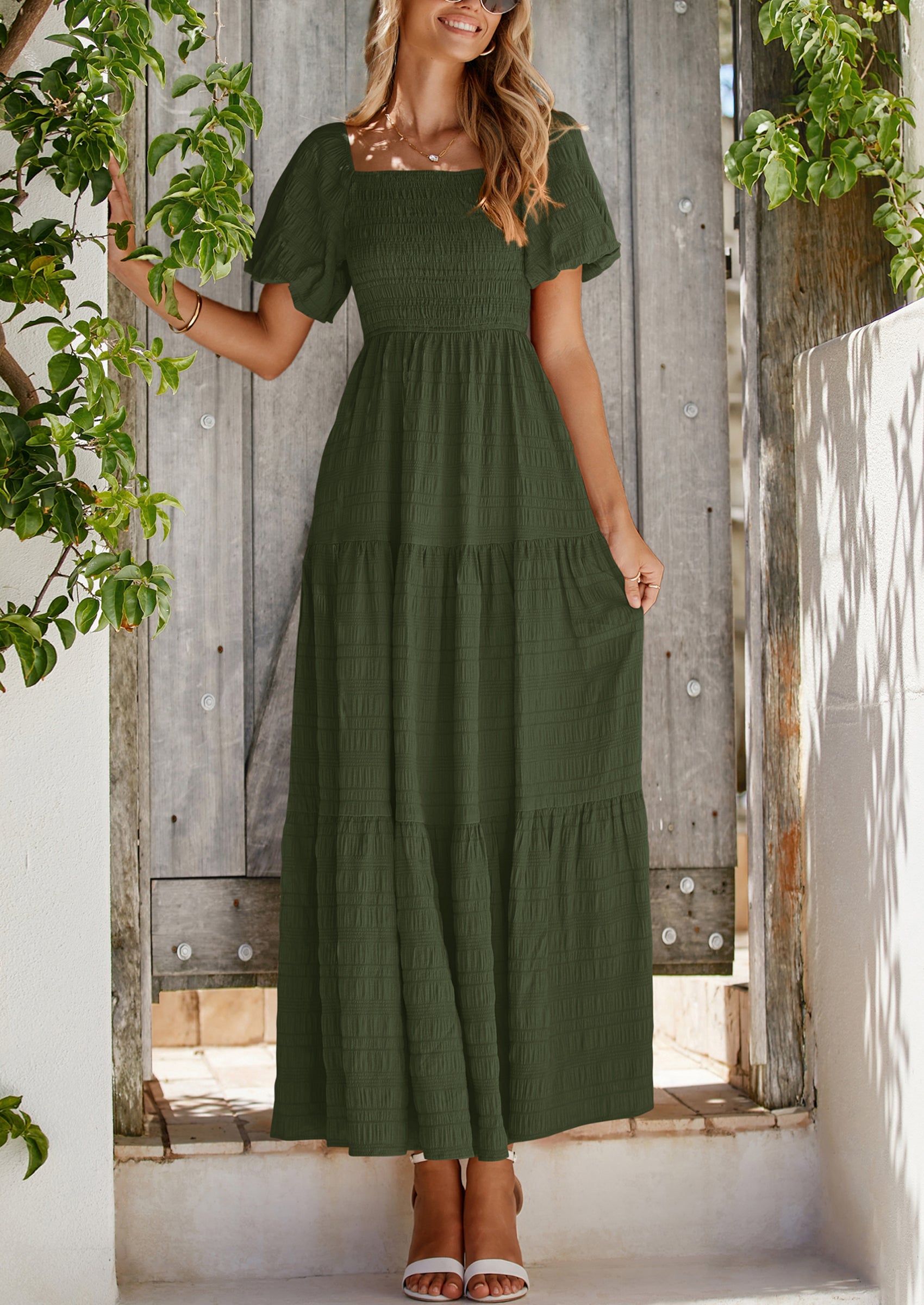 PRETTYGARDEN Womens Summer Puff Short Sleeve Maxi Dress Square Neck Smocked Tiered Ruffle A Line Long Flowy Beach Dresses