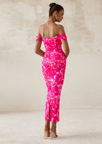 PRETTYGARDEN Maxi Dresses for Women Summer Elegant Floral Off Shoulder Ruched Mesh Cocktail Wedding Guest Dress