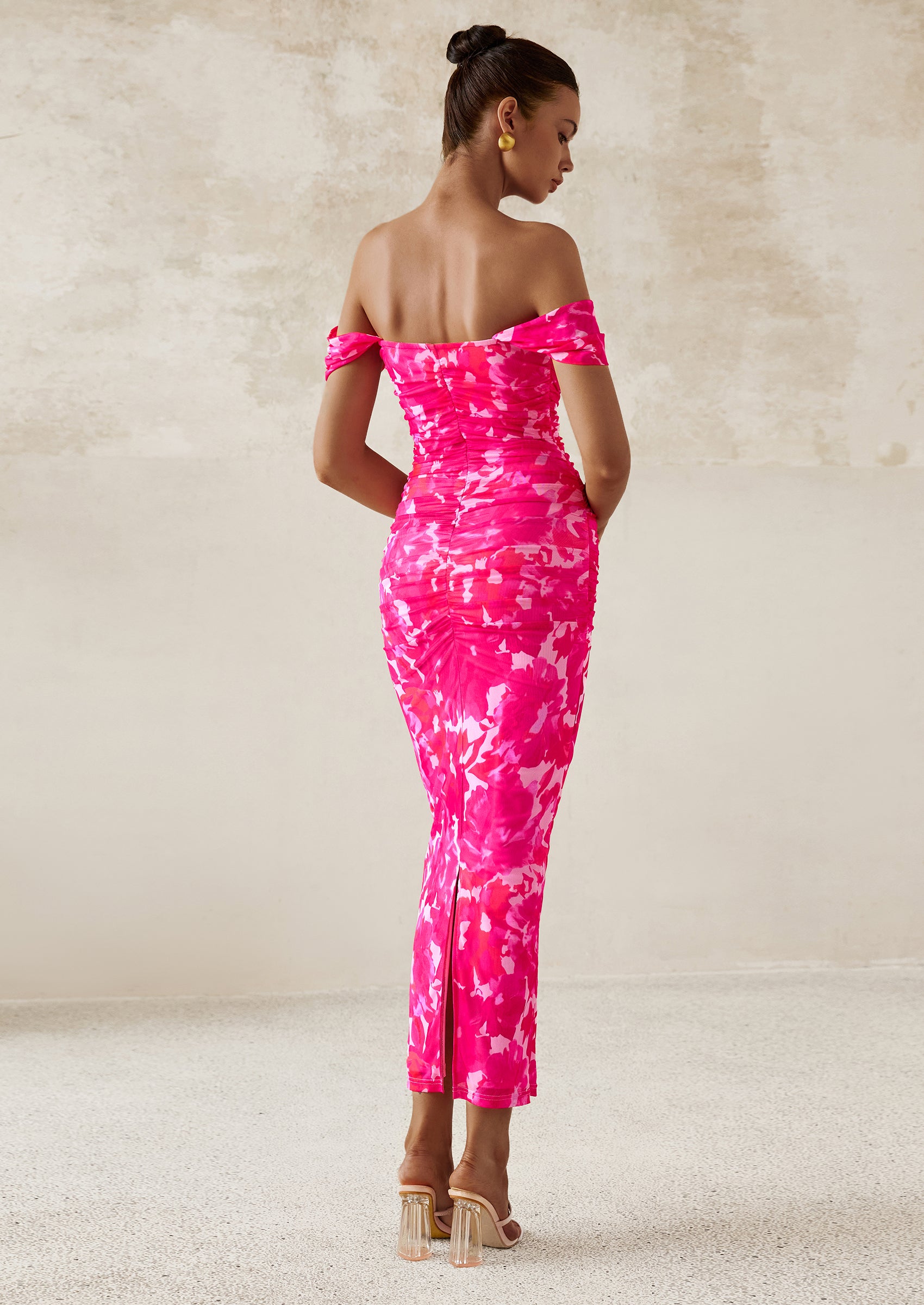 PRETTYGARDEN Maxi Dresses for Women Summer Elegant Floral Off Shoulder Ruched Mesh Cocktail Wedding Guest Dress