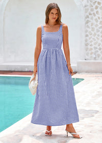 PRETTYGARDEN Women's Summer Spaghetti Strap Maxi Dresses Plaid Square Neck A Line Casual Beach Vacation Long Sundress