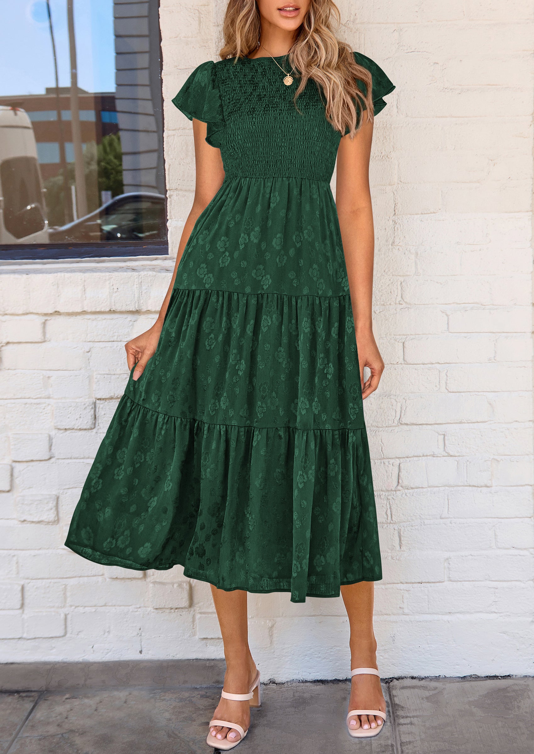 PRETTYGARDEN Midi Dress for Women Summer Floral Cap Sleeve Smocked Ruffle A Line Long Flowy Wedding Guest Dresses