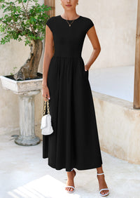 PRETTYGARDEN Women's Casual Long Dresses Cap Sleeve Patchwork A Line Flowy Modest Elegant Homecoming Maxi Dress