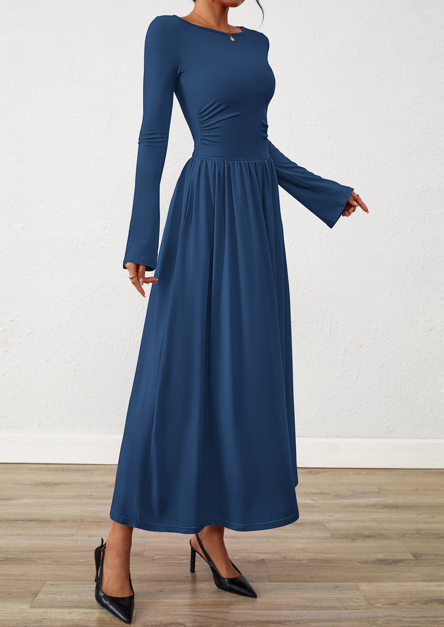 BTFBM Long Sleeve Maxi Dresses for Women Fall Casual Ruched Boat Neck Flowy Elegant Formal Wedding Guest Dress