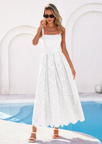 PRETTYGARDEN Womens Sleeveless Maxi Summer Dresses Hollow Out Eyelet Square Neck Ruffle Flowy Beach Vacation Sundress PRETTYGARDEN