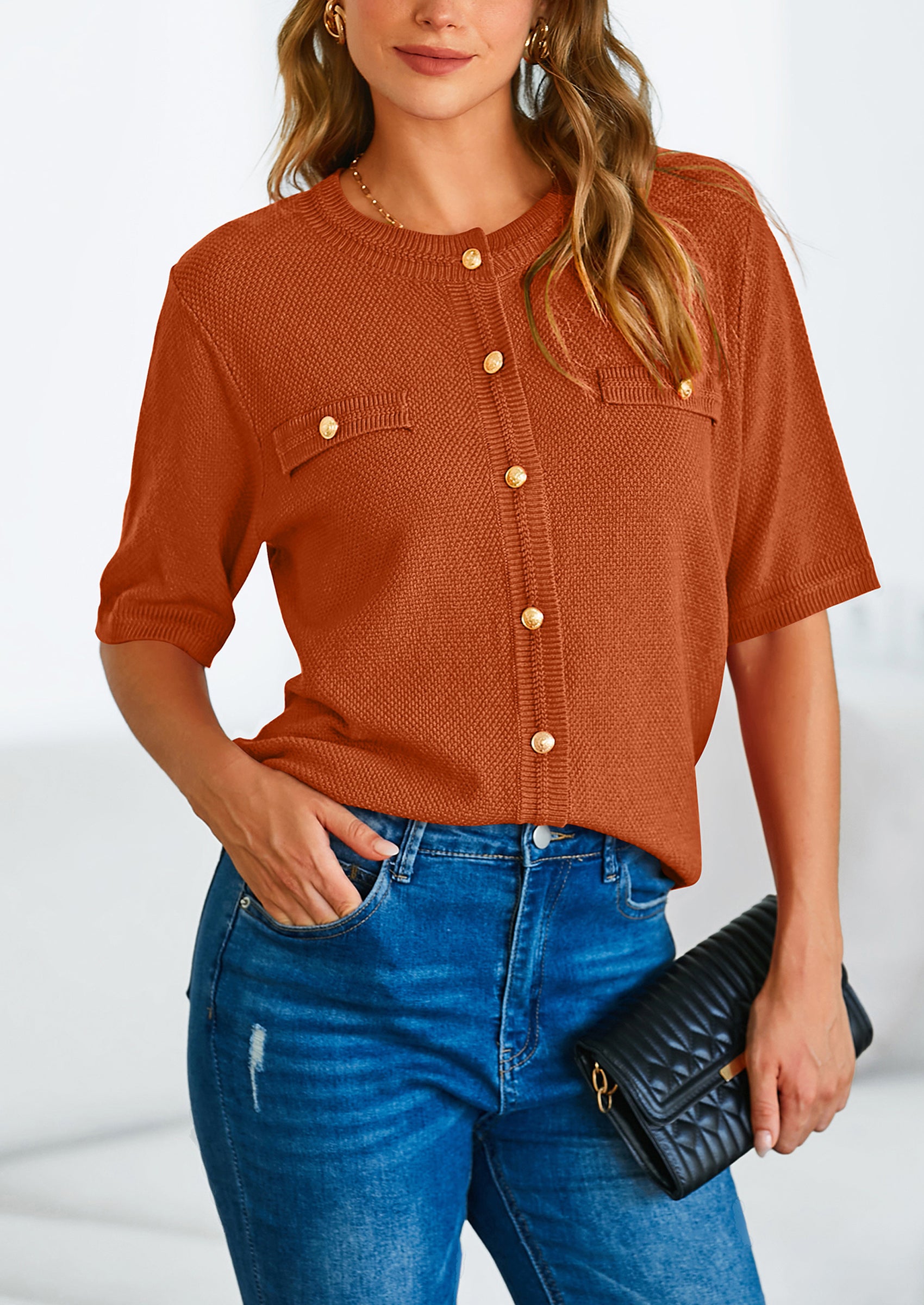 PRETTYGARDEN Women's Summer Button Down Shirts Casual Short Sleeve Crew Neck Ribbed Knit Blouse Top Cardigans