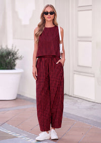 PRETTYGARDEN Womens 2 Piece Sets Summer Plaid Sleeveless Tops Wide Leg Pants Matching Lounge Set Beach Vacation Outfits