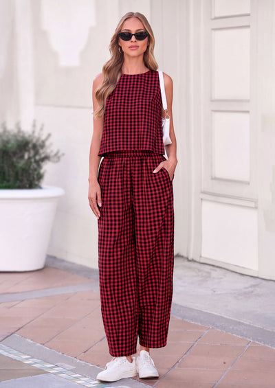 PRETTYGARDEN Womens 2 Piece Sets Summer Plaid Sleeveless Tops Wide Leg Pants Matching Lounge Set Beach Vacation Outfits