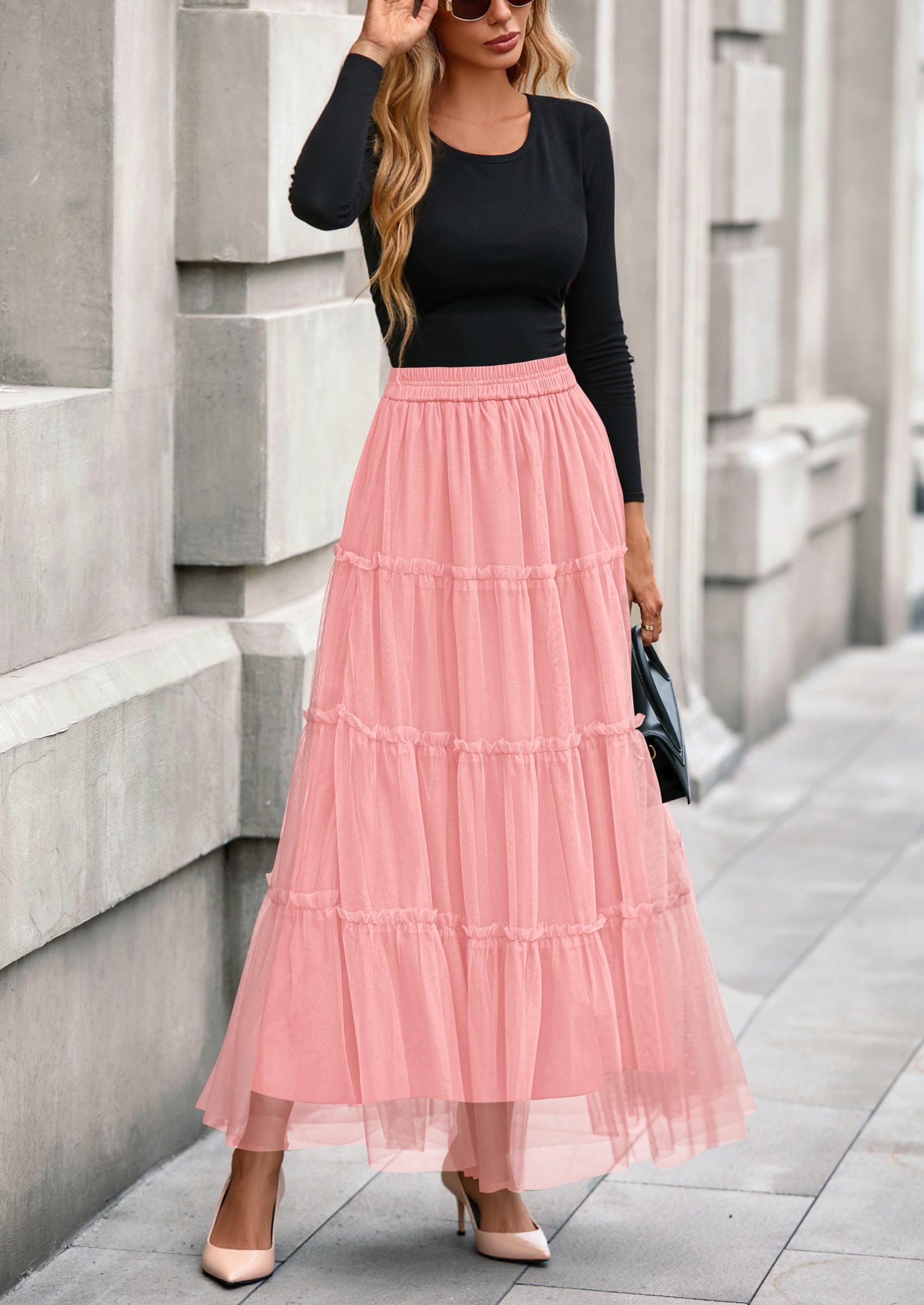 PRETTYGARDEN Maxi Skirts for Women Fall Tulle High Waisted Ruffle Flowy A-Line Long Skirt Country Concert Outfits