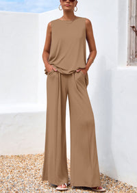 PRETTYGARDEN Women's Two Piece Matching Lounge Sets Asymmetrical Split Tank Tops Wide Leg Pants Summer Outfits Tracksuit