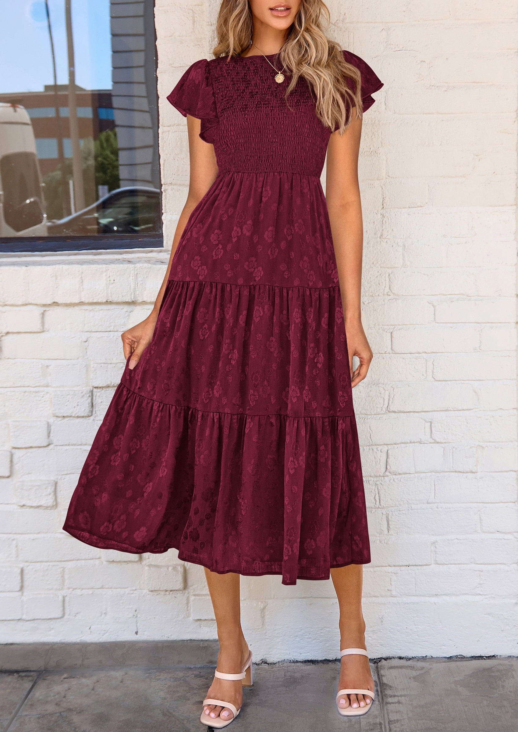 PRETTYGARDEN Midi Dress for Women Summer Floral Cap Sleeve Smocked Ruffle A Line Long Flowy Wedding Guest Dresses