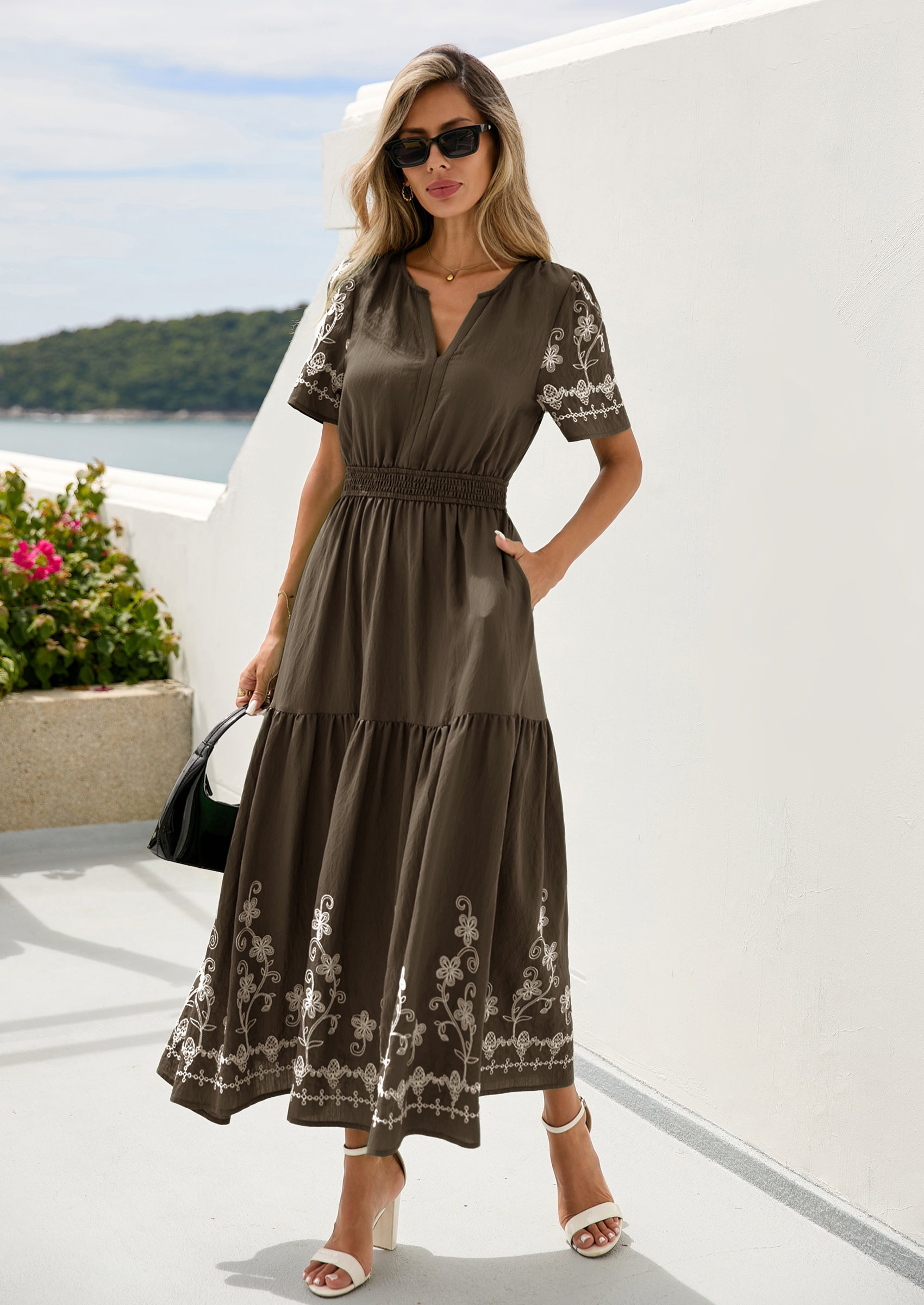 PRETTYGARDEN Women's Summer Boho Maxi Dress Spring Floral Short Sleeve V Neck A Line Flowy Beach Wedding Guest Dresses PRETTYGARDEN