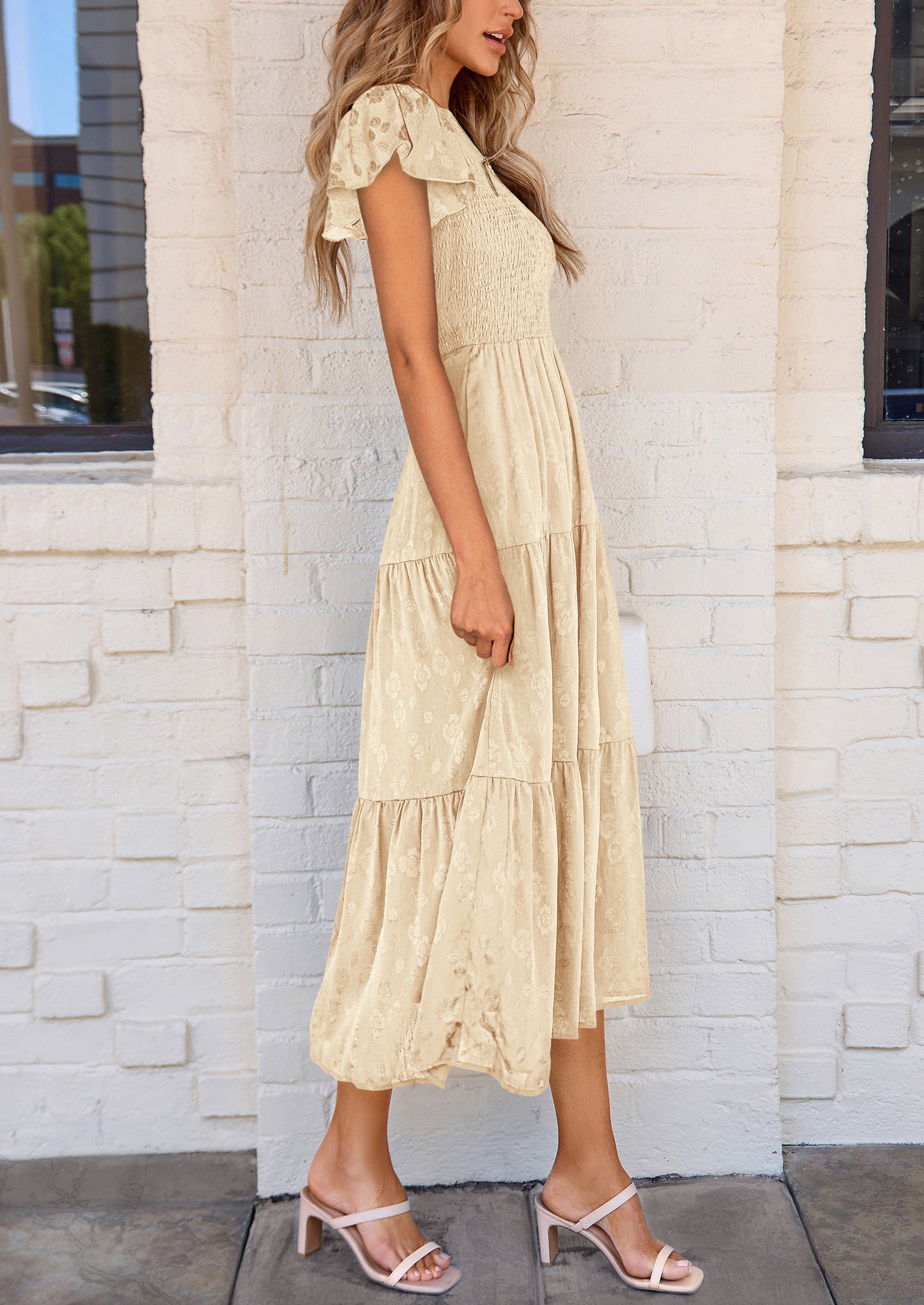 PRETTYGARDEN Midi Dress for Women Summer Floral Cap Sleeve Smocked Ruffle A Line Long Flowy Wedding Guest Dresses