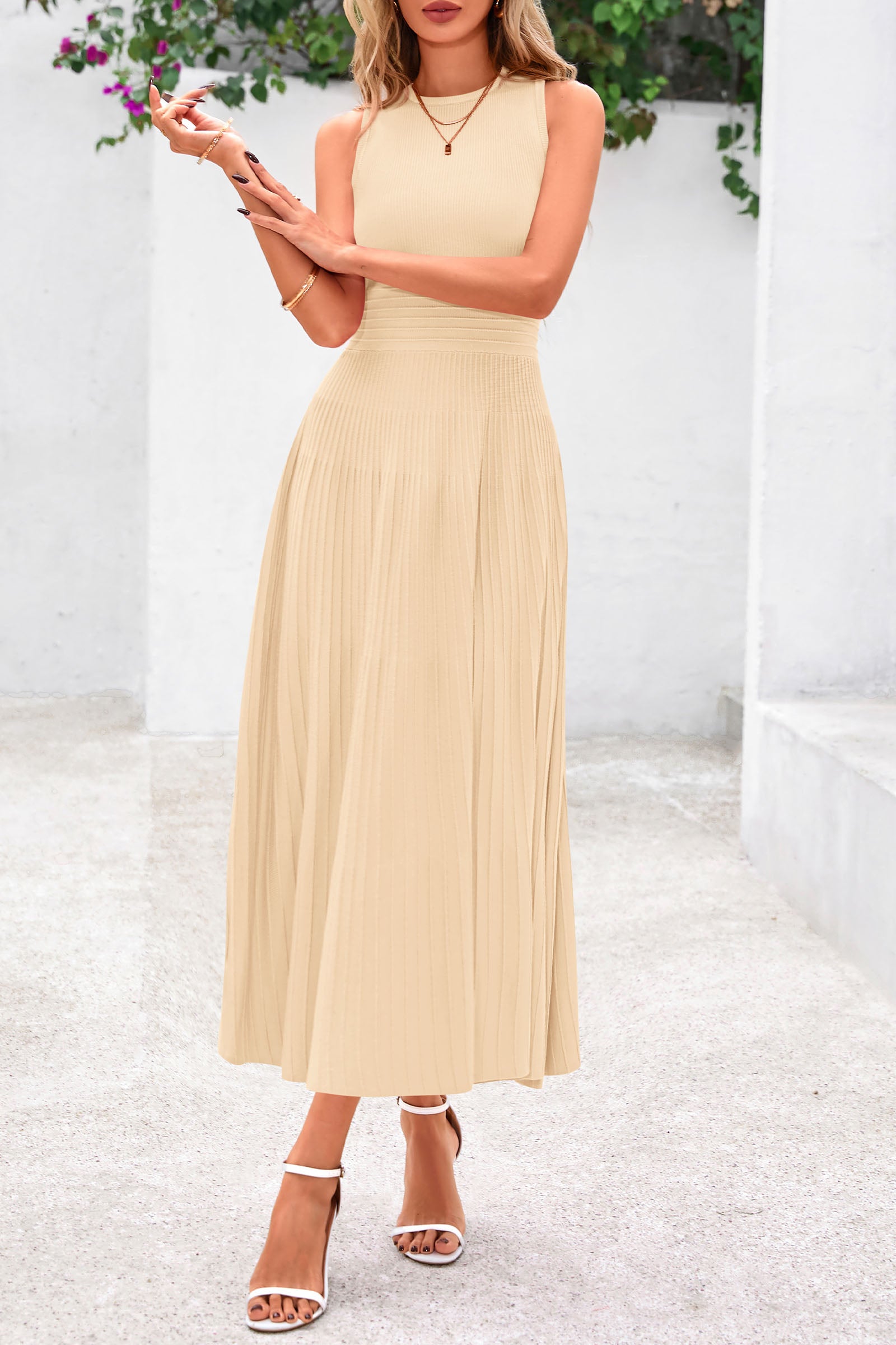 PRETTYGARDEN Spring Casual Dresses for Women Summer Business Work Midi Sleeveless A Line Pleated Cocktail Dress