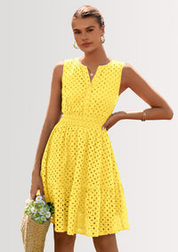 PRETTYGARDEN Women's Summer Dresses Sleeveless V Neck Eyelet Hollow Out Swing A Line Beach Vacation Sun Dress