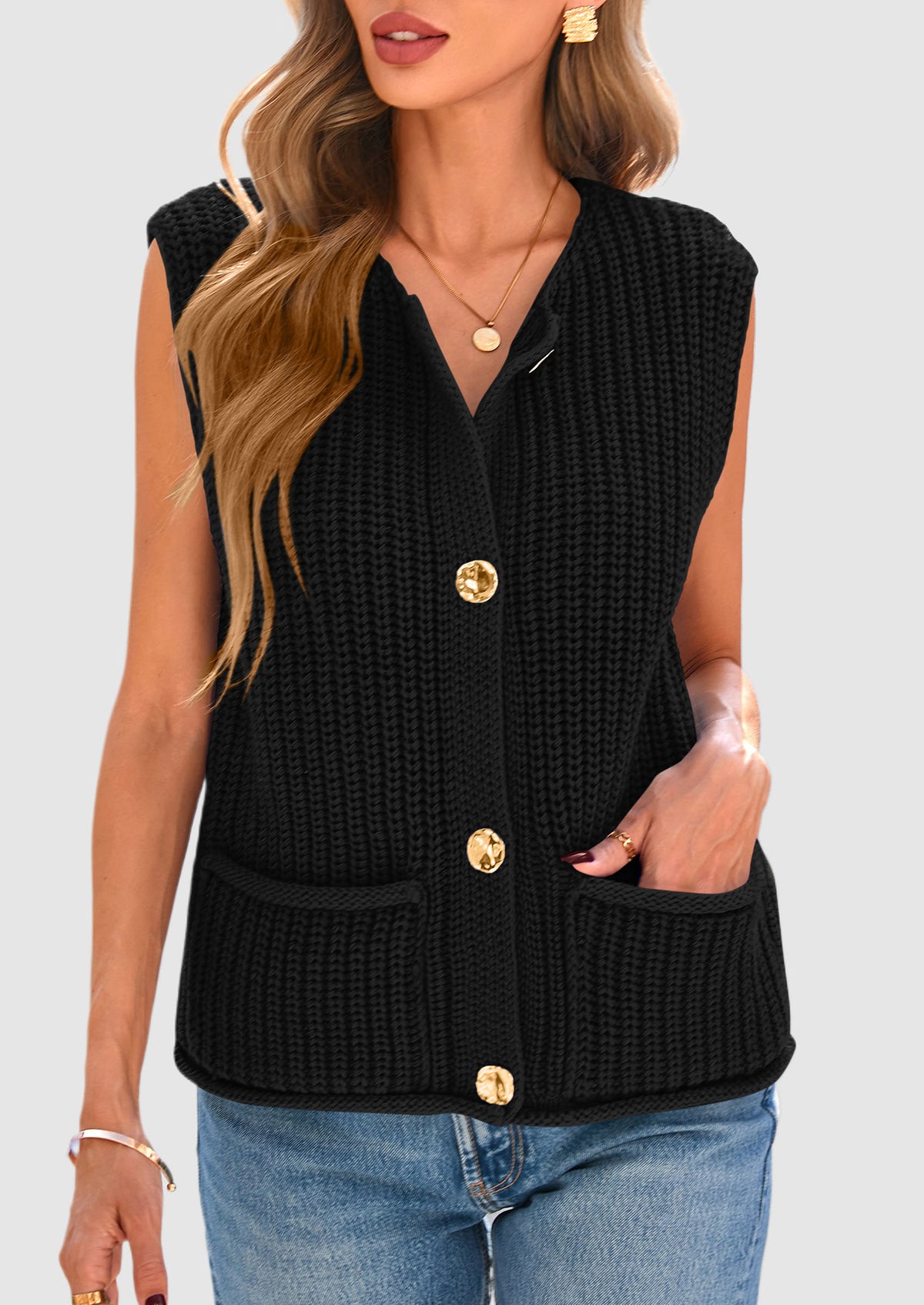 Sleeveless Button Down Cropped Chunky Knit Cardigan Trendy Tank Tops with Pockets