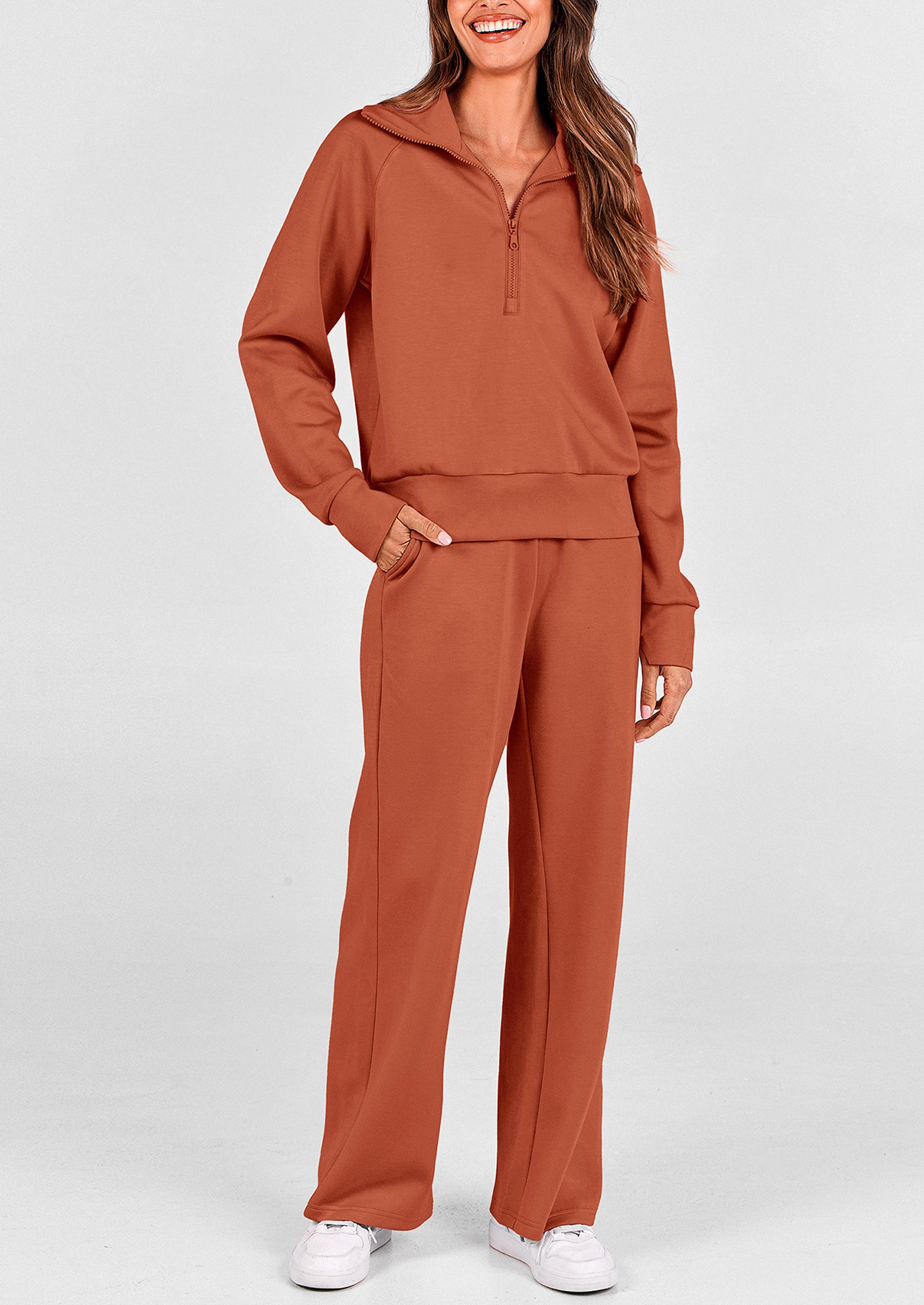 PRETTYGARDEN Women's 2 Piece Outfits Casual Lapel Half Zip Sweatshirts And Wide Leg Pants Tracksuit Sets