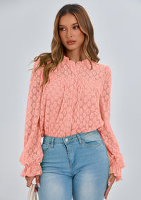 PRETTYGARDEN Lace Long Sleeve Tops for Women Eyelet Blouses Dressy Casual Hollow Out Button Down Shirts Summer Outfits