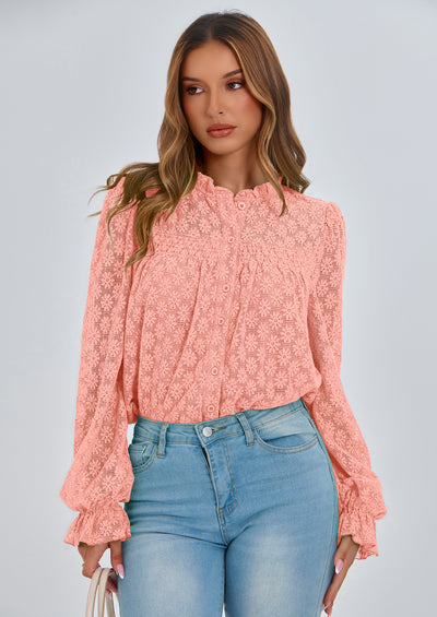 PRETTYGARDEN Lace Long Sleeve Tops for Women Eyelet Blouses Dressy Casual Hollow Out Button Down Shirts Summer Outfits