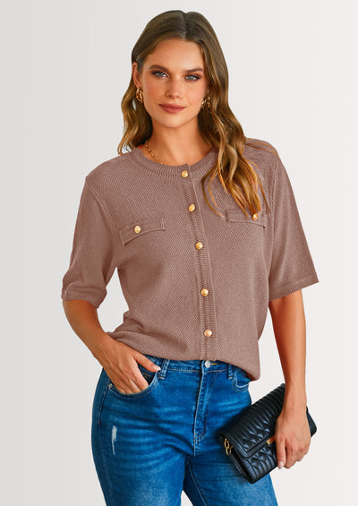 PRETTYGARDEN Women's Summer Button Down Shirts Casual Short Sleeve Crew Neck Ribbed Knit Blouse Top Cardigans