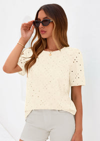 PRETTYGARDEN Women's Puff Short Sleeve Eyelet Shirts Summer Lace Blouses Dressy Casual Work Tops Spring Teacher Clothes PRETTYGARDEN