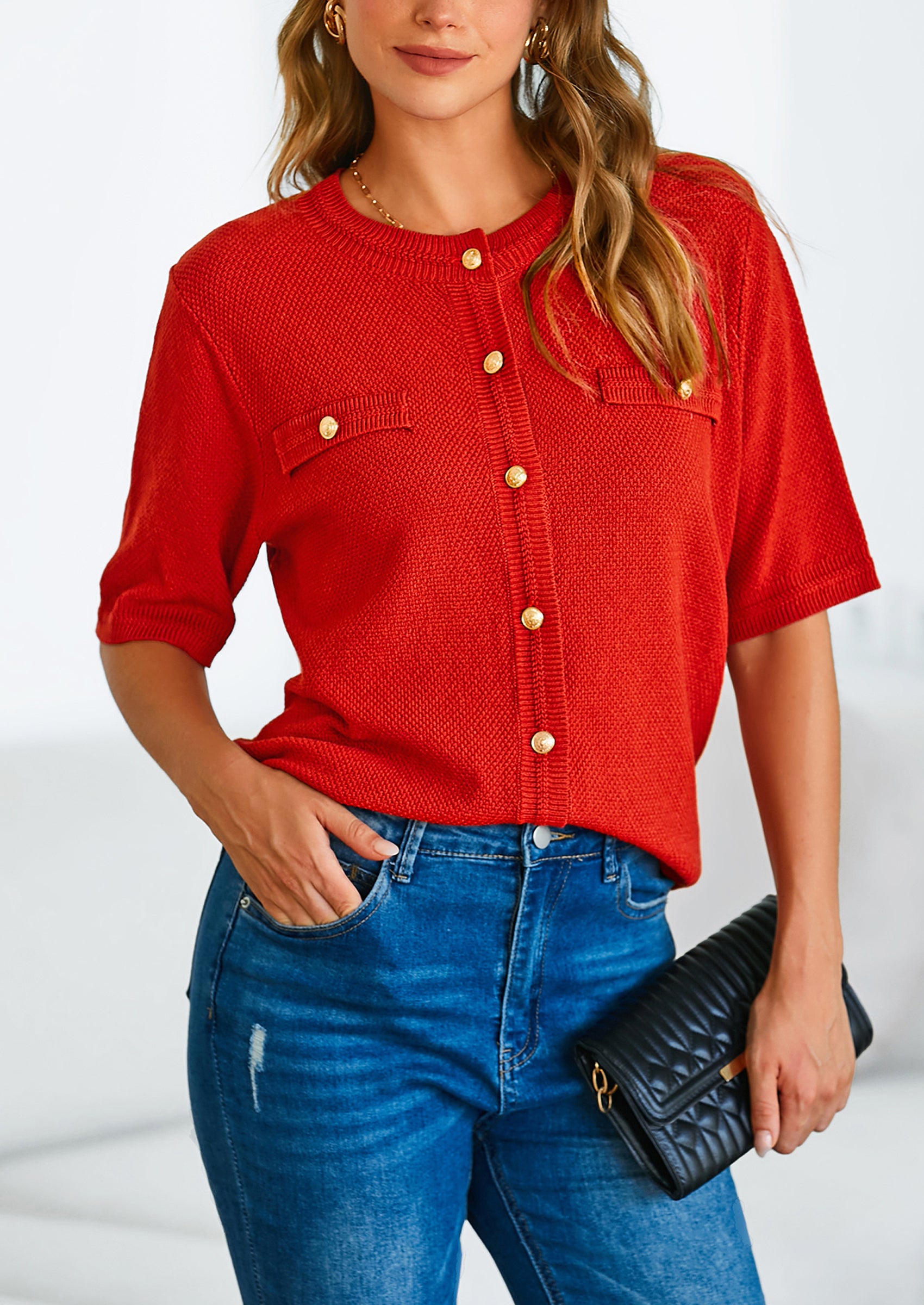 PRETTYGARDEN Women's Summer Button Down Shirts Casual Short Sleeve Crew Neck Ribbed Knit Blouse Top Cardigans