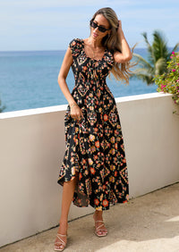 PRETTYGARDEN Women's Boho Maxi Dress Summer Cap Sleeve Long Flowy Beach Vacation Floral Sundresses Spring Resort Wear PRETTYGARDEN