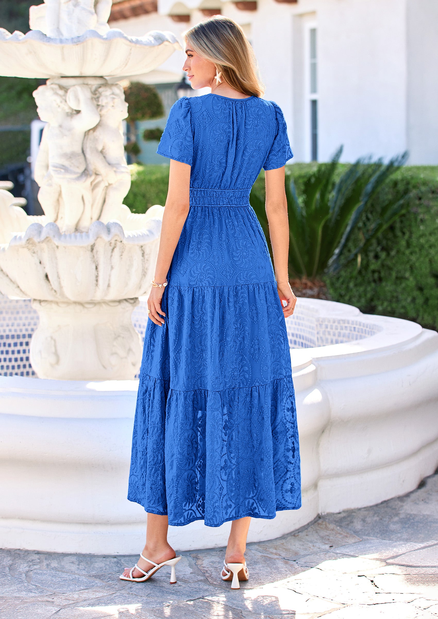 PRETTYGARDEN Womens Boho Maxi Dress Floral Summer Spring Short Sleeve V Neck A Line Embroidered Beach Vacation Dresses