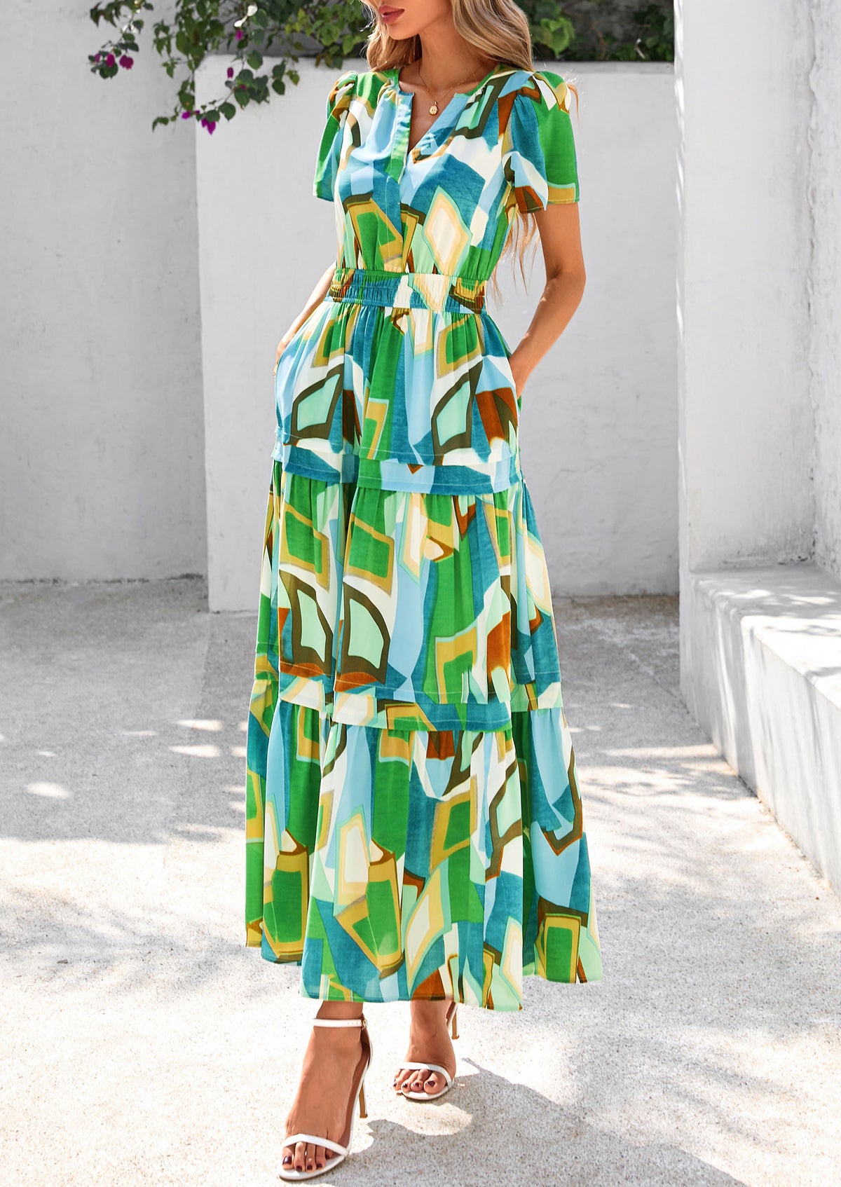 Summer Boho Floral Short Sleeve V Neck A Line Tiered Ruffle Flowy Long Beach Vacation Maxi Dresses