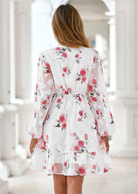 PRETTYGARDEN Women's Fall Boho Dresses Floral Long Sleeve V Neck Mini Flowy Wedding Guest Dress Trendy Vacation Outfits