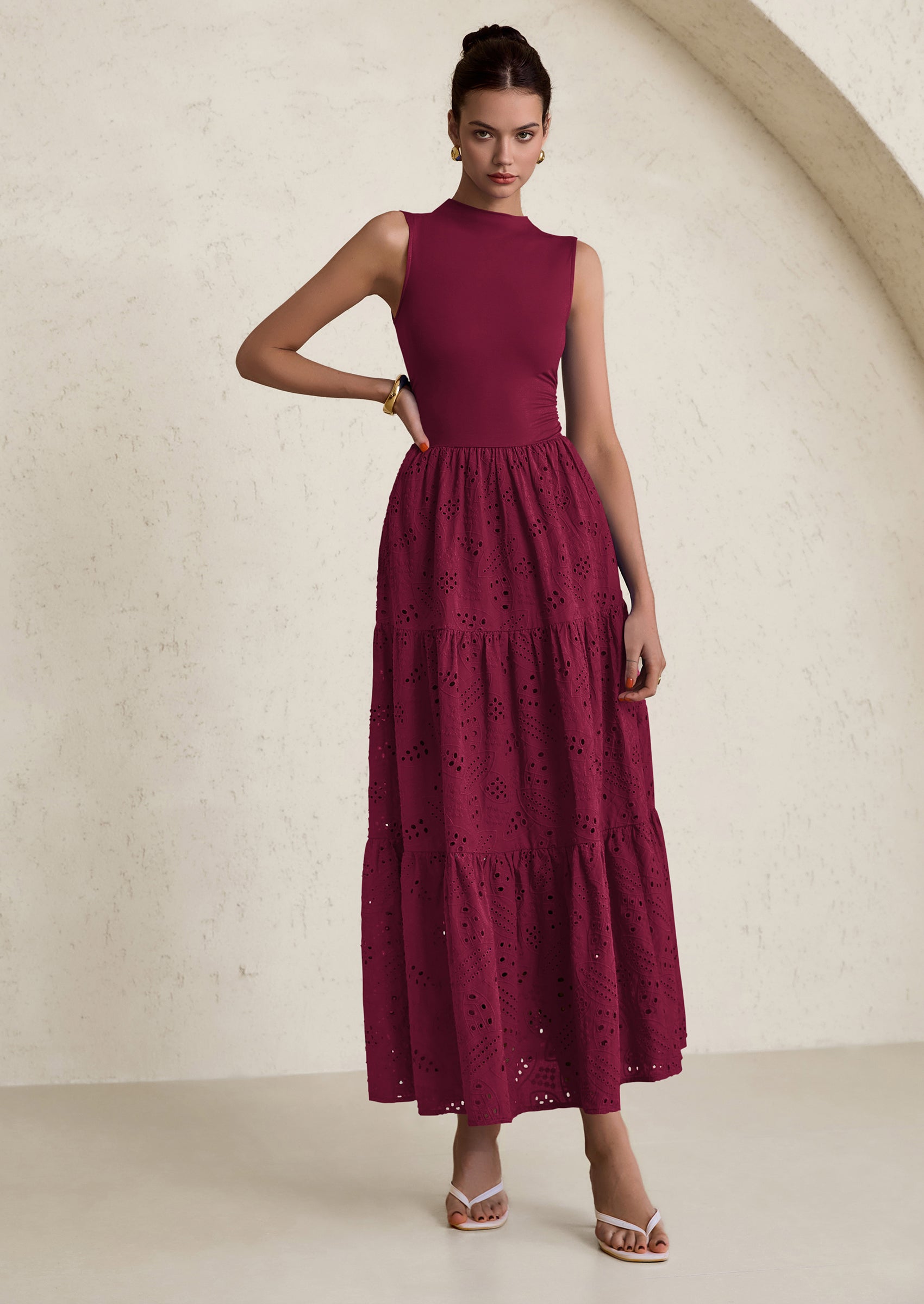 PRETTYGARDEN Dresses for Women Casual Eyelet Sleeveless Wedding Guest Maxi Dress Tank Top Sundress with Pockets