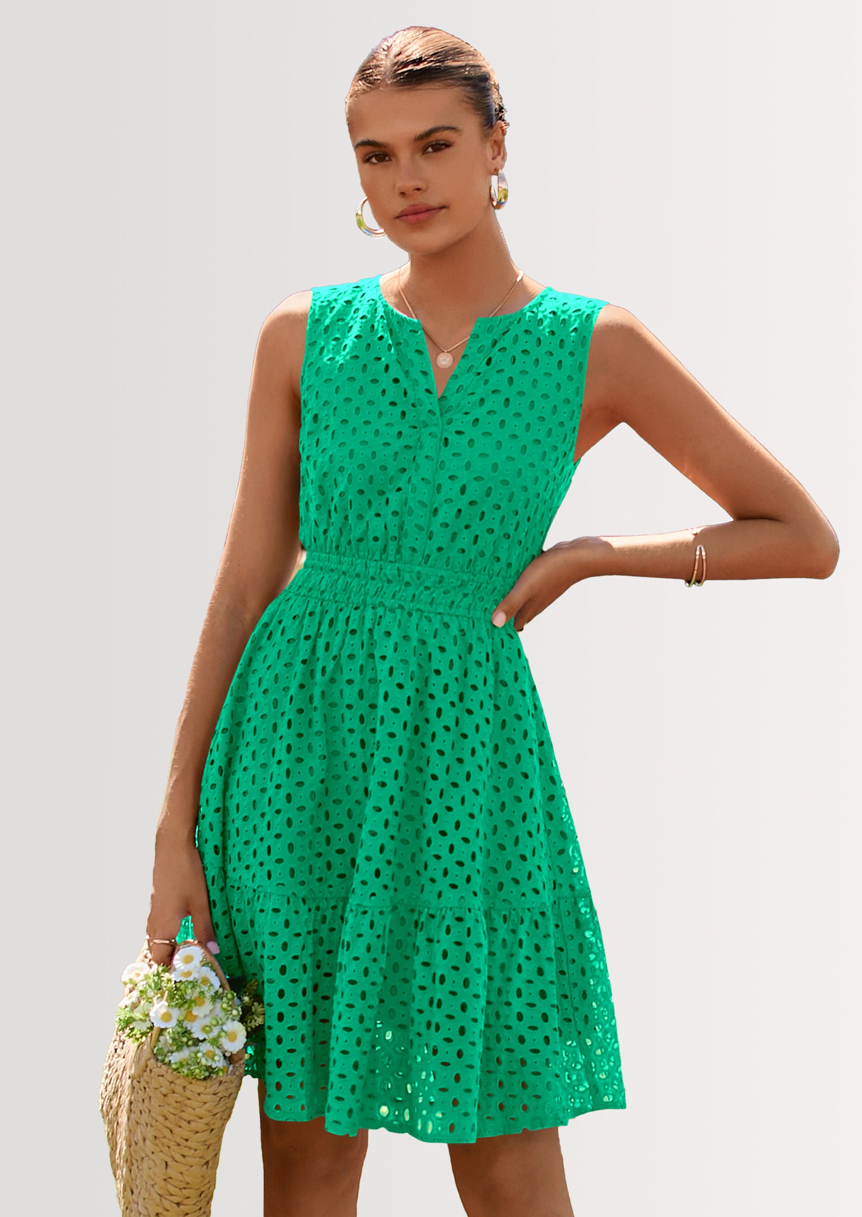 PRETTYGARDEN Women's Summer Dresses Sleeveless V Neck Eyelet Hollow Out Swing A Line Beach Vacation Sun Dress