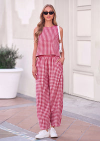 PRETTYGARDEN Womens 2 Piece Sets Summer Plaid Sleeveless Tops Wide Leg Pants Matching Lounge Set Beach Vacation Outfits