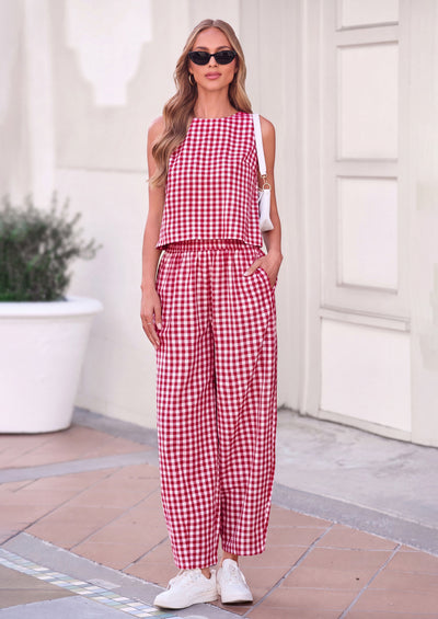 PRETTYGARDEN Womens 2 Piece Sets Summer Plaid Sleeveless Tops Wide Leg Pants Matching Lounge Set Beach Vacation Outfits