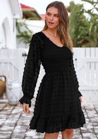BTFBM Spring Dresses for Women 2026 Long Sleeve Casual V Neck Swiss Dot Smocked Ruffle Chiffon Flowy Mini Summer Dress PRETTYGARDEN
