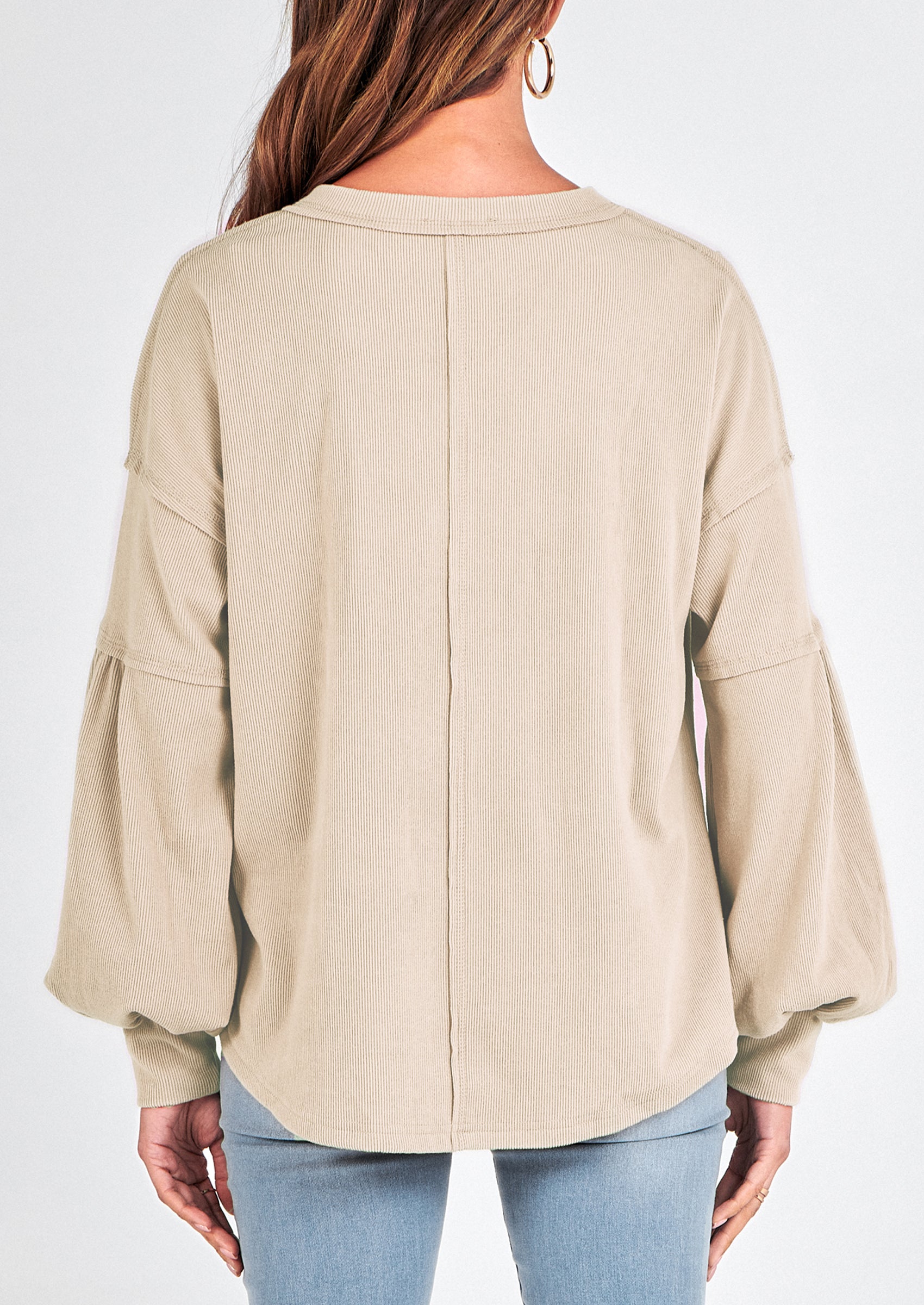 BTFBM Women's Ribbed Long Sleeve Tops Summer Spring Pullover Knit Casual V Neck Blouses Trendy Loose Fit Tunic Top