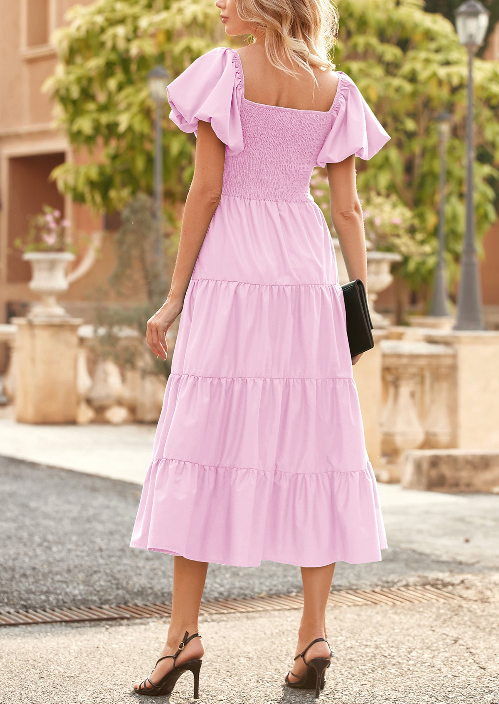 PRETTYGARDEN Women's Summer Casual Midi Dress Puffy Short Sleeve Square Neck Smocked Tiered Ruffle Dresses