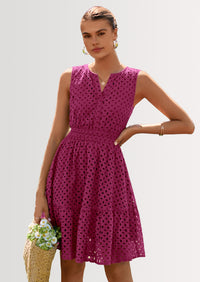 PRETTYGARDEN Women's Summer Dresses Sleeveless V Neck Eyelet Hollow Out Swing A Line Beach Vacation Sun Dress