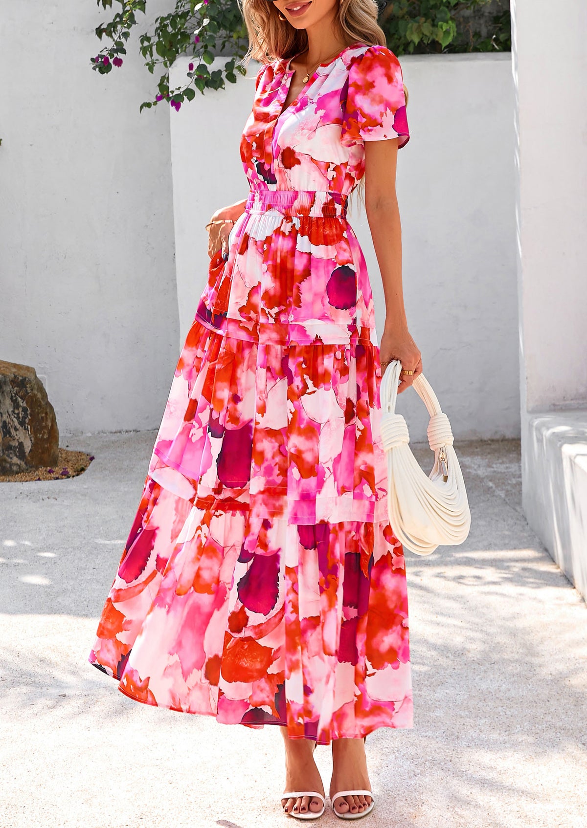 Summer Boho Floral Short Sleeve V Neck A Line Tiered Ruffle Flowy Long Beach Vacation Maxi Dresses