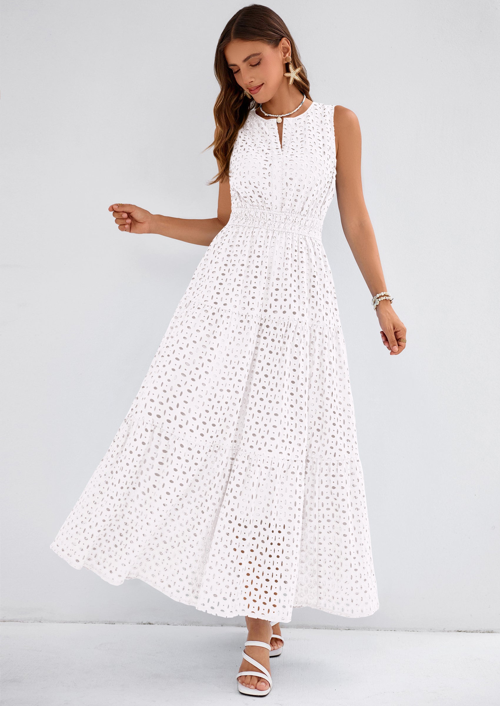 PRETTYGARDEN Summer Dresses for Women Sundresses Sleeveless V Neck Eyelet A Line Flowy Beach Vacation Spring Maxi Dress PRETTYGARDEN