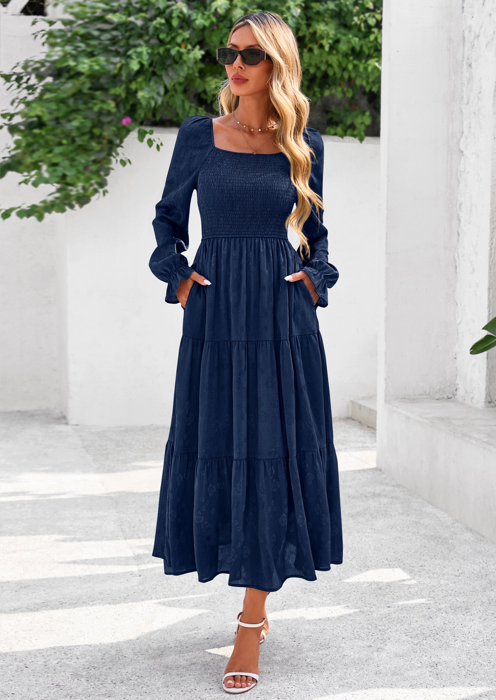 PRETTYGARDEN Fall Wedding Guest Dresses for Women Floral Long Sleeve Smocked Tiered Elegant Long Flowy Boho Dress
