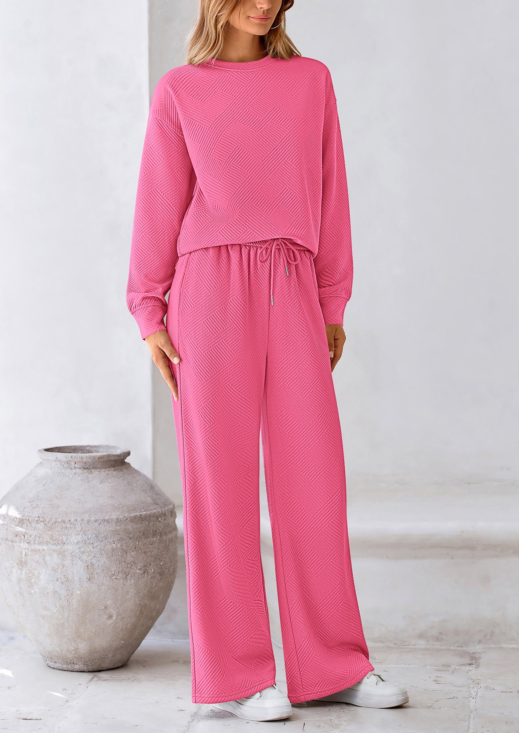PRETTYGARDEN 2 Piece Long Sleeve Pullover Tops and Wide Leg Pants Knitted Lounge Sets PRETTYGARDEN