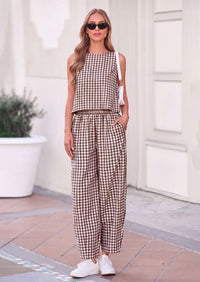 PRETTYGARDEN Womens 2 Piece Sets Summer Plaid Sleeveless Tops Wide Leg Pants Matching Lounge Set Beach Vacation Outfits