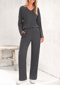 PRETTYGARDEN Women's 2 Piece Lounge Sets Ribbed Knit Long Sleeve V Neck Pullover Tops Wide Leg Pants Spring Fall Outfits