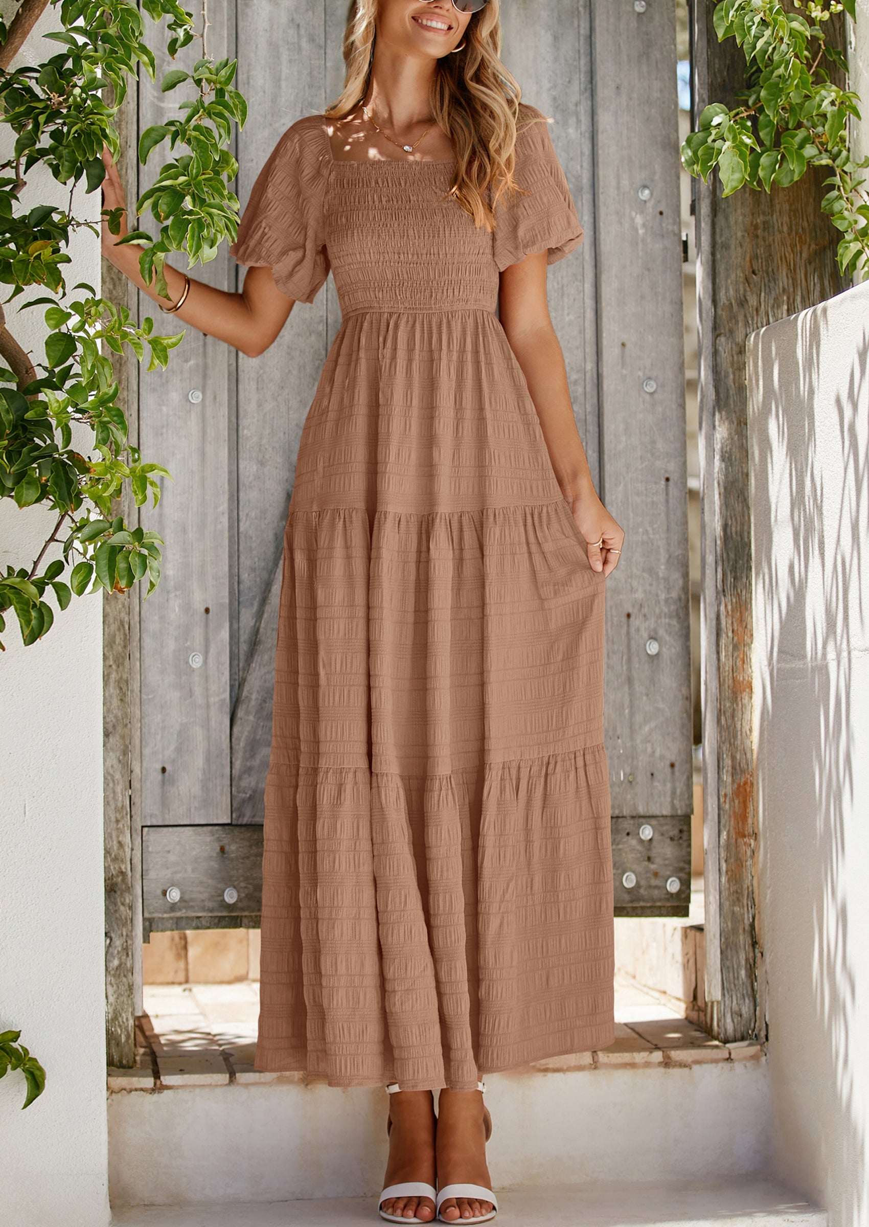 PRETTYGARDEN Womens Summer Puff Short Sleeve Maxi Dress Square Neck Smocked Tiered Ruffle A Line Long Flowy Beach Dresses