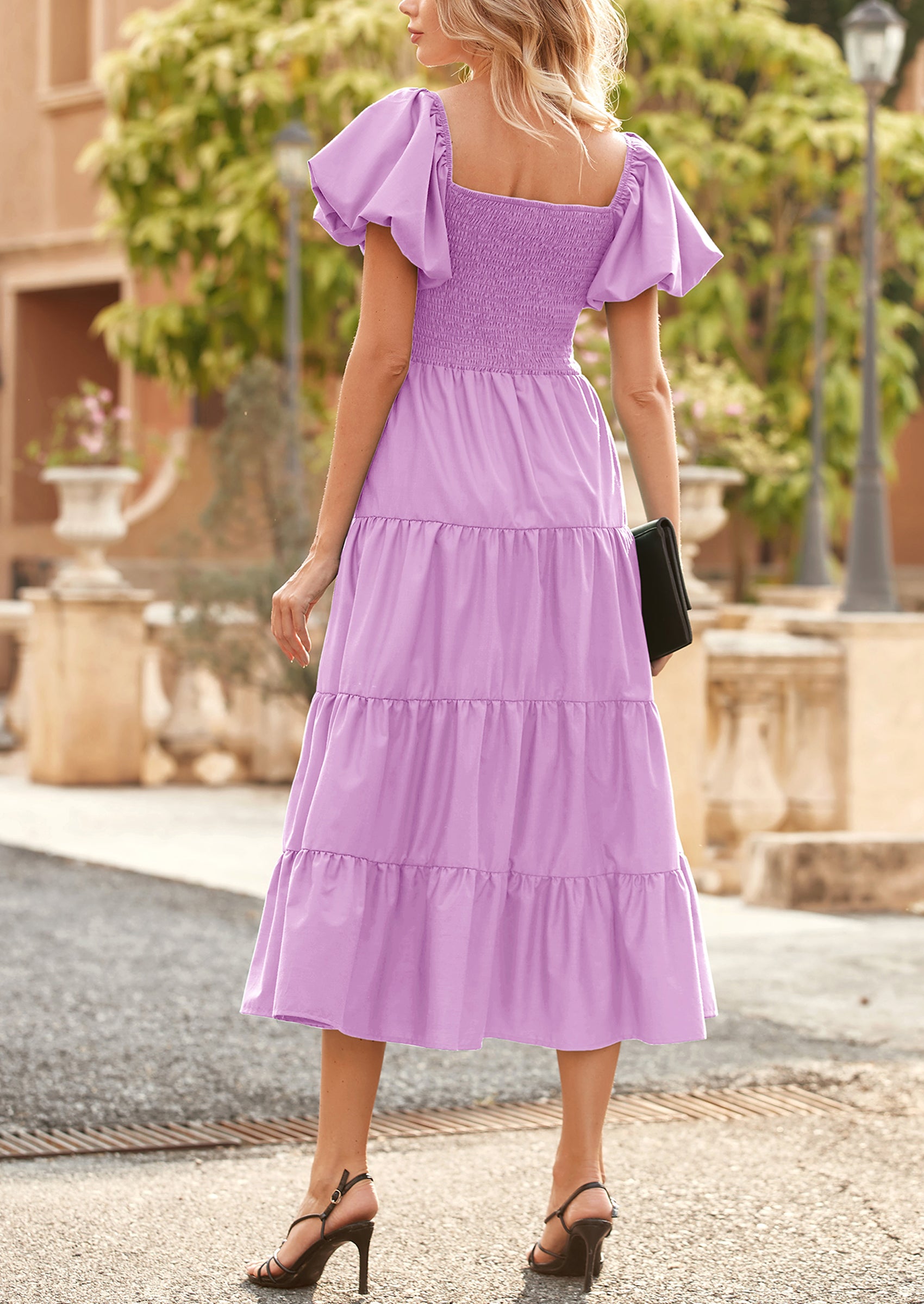 PRETTYGARDEN Women's Summer Casual Midi Dress Puffy Short Sleeve Square Neck Smocked Tiered Ruffle Dresses