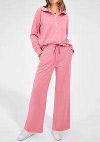 PRETTYGARDEN Women's 2 Piece Outfits Casual Lapel Half Zip Sweatshirts And Wide Leg Pants Tracksuit Sets