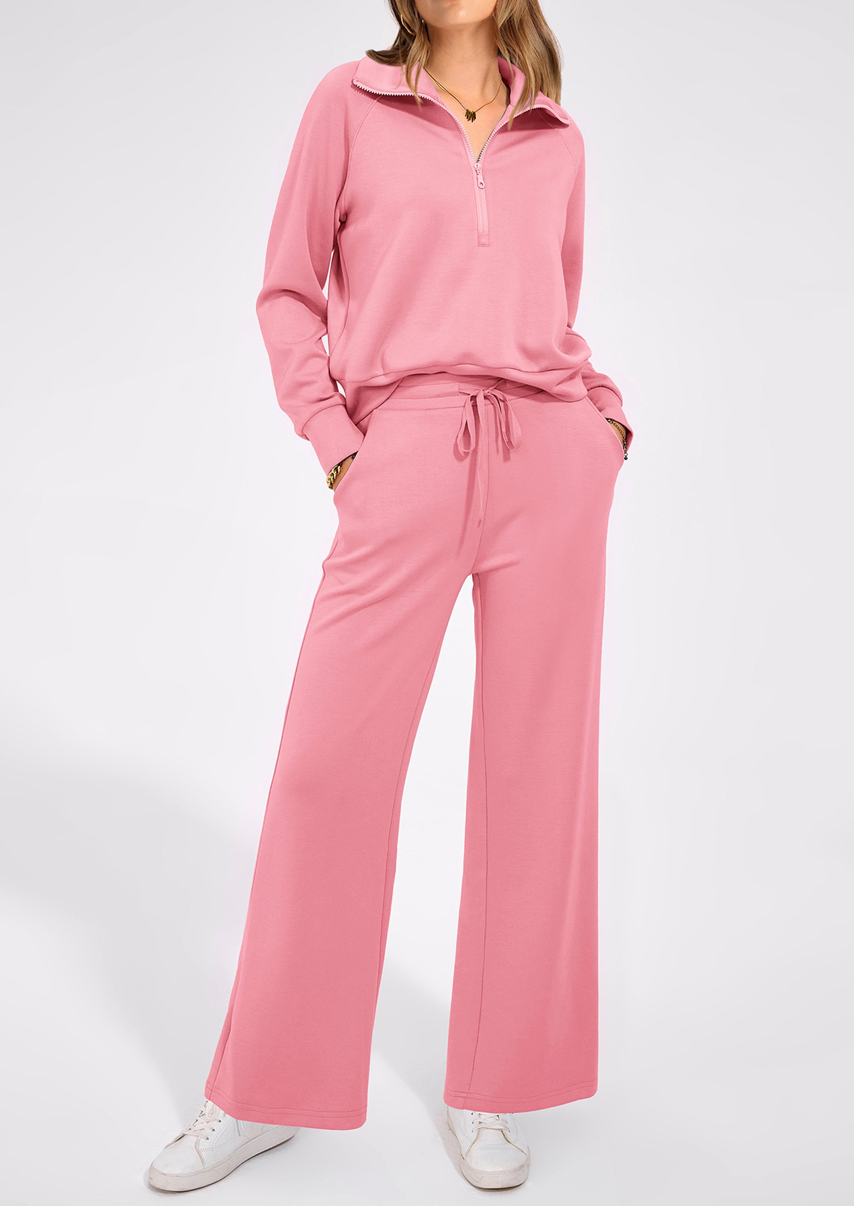 PRETTYGARDEN Women's 2 Piece Outfits Casual Lapel Half Zip Sweatshirts And Wide Leg Pants Tracksuit Sets